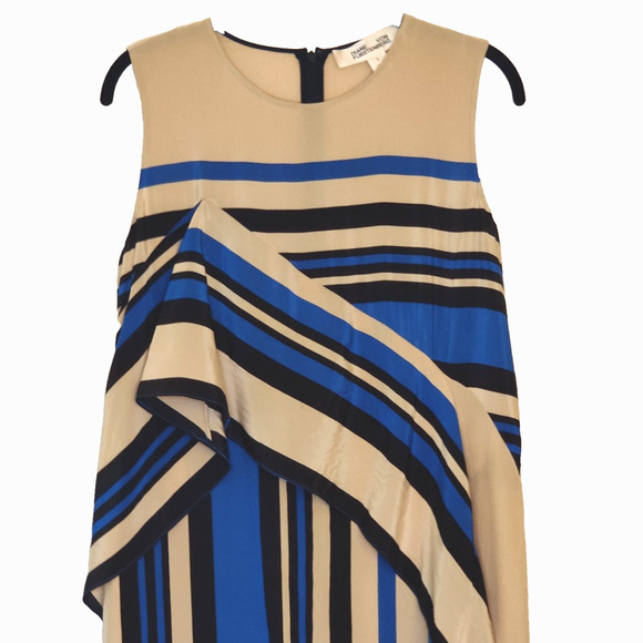 Diane Von Furstenberg DVF Borel Stripe Silk Shift Dress Size 2 Beige Blue Resort - Picture 5 of 16